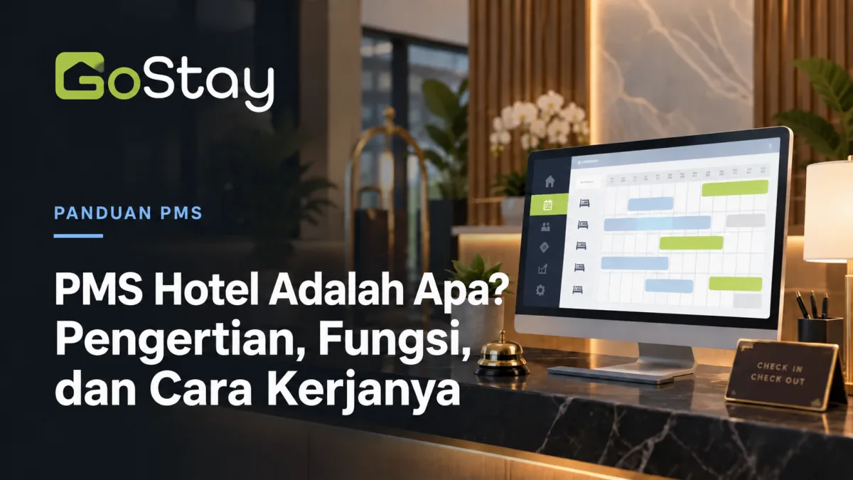 PMS hotel adalah sistem untuk mengelola reservasi, digambarkan pada meja resepsionis GoStay